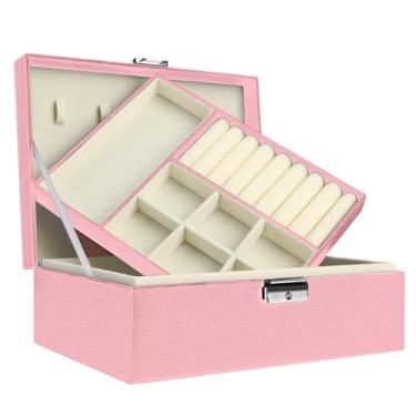 Imagem de Organizador elegante de caixa de joias com trava para mulheres, suporte de exibição de 2 camadas para brincos, anéis, colares, pulseiras - solução de armazenamento elegante em preto e branco