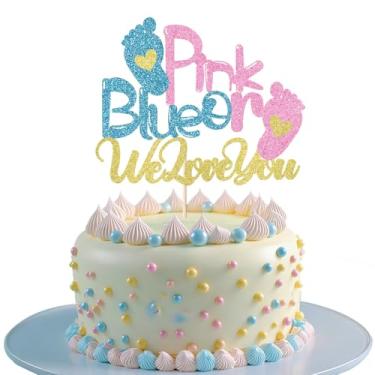 Imagem de Migeaks Topo de bolo rosa ou azul com glitter We Love You, tema revelador de gênero, suprimentos de festa de aniversário para chá de bebê, We Love You rosa ou azul, decoração de bolo para meninos ou