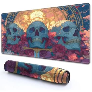 Imagem de RMJKXQZG Para MTG Playmat 61 cm x 35 cm com base de borracha de alta elasticidade sola de borracha antiderrapante impressão HD para tapete TCG Magic Playmats MTG Game Mat, rosa rosa crânios escuros