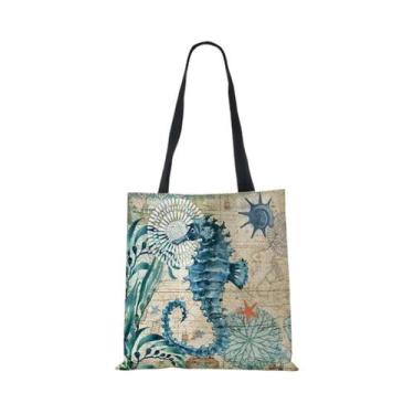 Imagem de Bolsa Tote De Linho Ecológico Para Mulheres Com Estampa De Cavalo-Mari