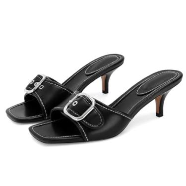 Imagem de Dsevht Sandálias pretas de salto agulha salto baixo sem cadarço, sandália mula, quadrada, bico aberto, sapato social feminino, B - preto, 35