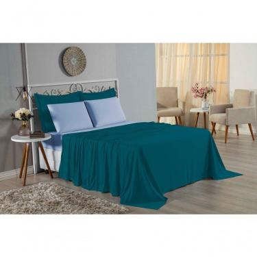 Imagem de Jogo De Cama Casal Nobre 4 Peças Lençol Com Elástico De 30cm De Altura Malha 100% Algodão - Petróleo / Azul-bebê