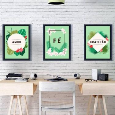 Imagem de Kit 03 Quadros Decorativos Amor Fé Gratidão Tropical