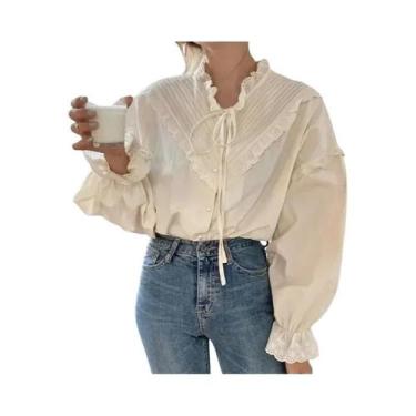 Imagem de Blusa Feminina Vintage De Manga Longa Com Renda, Elegante, Com Detalhe