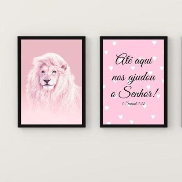 Imagem de Kit 2 Quadros Leão Rosa 45x34cm - Vidro e Moldura Preta
