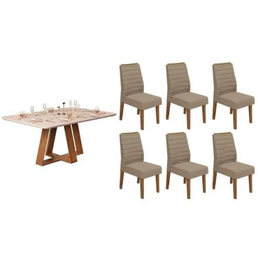 Imagem de Conjunto: Mesa de Cozinha Celeste c/ Tampo Madeirado c/ Vidro Curvo 160x90cm e 6 Cadeiras Ondina Freijo/Off White - Linho Bege - DJ Móveis