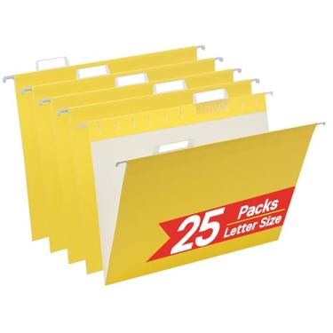 Imagem de Pastas de arquivo amarelas para pendurar, 25 pacotes de pasta de arquivo tamanho carta, projetada para arquivos volumosos, armário de arquivo, 1/5 abas ajustáveis para escritório, escola, casa