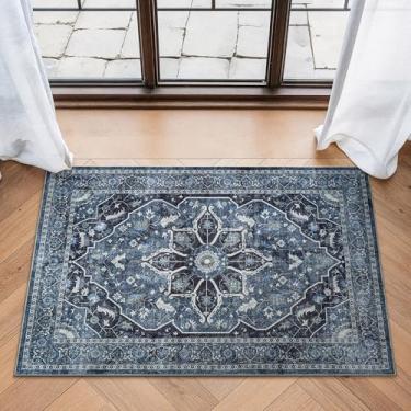 Imagem de Bloom Rugs Tapete lavável antiderrapante 2x3 - Tapete de área oriental tradicional azul/carvão para sala de estar, quarto, sala de jantar e cozinha - Tamanho exato: 5 x 7 cm