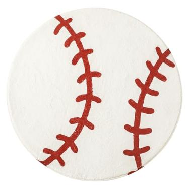 Imagem de FYSUIMU Tapete de beisebol vermelho branco bola esportiva tapete de banho 63 x 63 cm tapete de banheiro redondo para decoração de quarto, cozinha, sala de estar