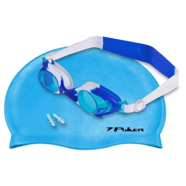 Imagem de KIT NATACAO POKER KIT OCULOS + TOUCA + PROTETOR DE OUVIDO - AZUL CLARO/BRANCO U-Unissex