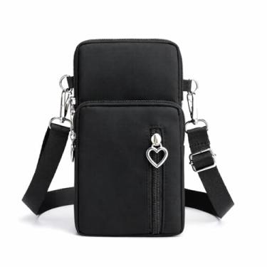 Imagem de Bolsa Transversal Feminina Impermeável em Nylon, Multiuso com Zíper Decorativo em Formato de Coração, Diversas Cores (Preto)