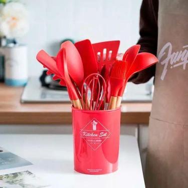 Imagem de Kit Utensílios De Cozinha Vermelho Madeira Silicone Premium - CONNECTC