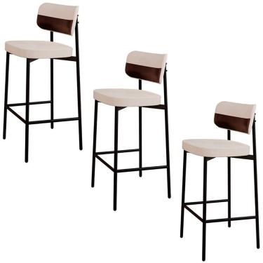 Imagem de Banqueta Alta Bar Estofada Kit 3 Ella M25 Linho Palha/marrom - Mpozenato