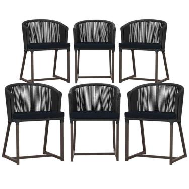 Imagem de 6 Cadeiras De Jantar Noronha Marrom Corda Náutica E12 Trama Preto