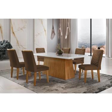 Imagem de Sala De Jantar Completa Luna C- Tampo Vidro Canto Curvo 180x90cm E 6 Cadeiras Londrina Imbuia-off White - Suede Marrom - Rufato