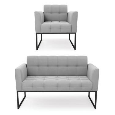 Imagem de Kit 1 Sofá Namoradeira E 1 Poltrona Elisa Suede Base Metálica Industrial Preto - D'rossi Cor Cinza