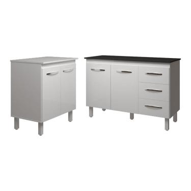 Imagem de Balcão Para Microondas ou Forno Branco e Armário Bruna 118 cm Cozinha Gabinete Branco com Tampo Tampão Preto