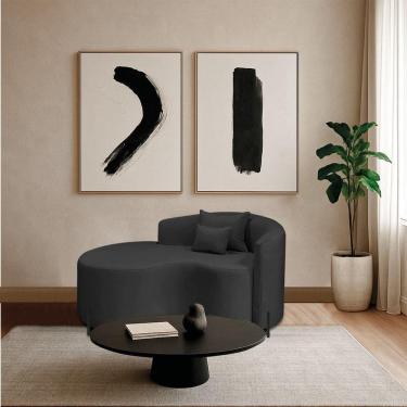 Imagem de Divã Recamier Curvo Sala De Estar Recepção Inglaterra 150cm Pés Metal Dourado Lado Esquerdo Linho Cor Preto