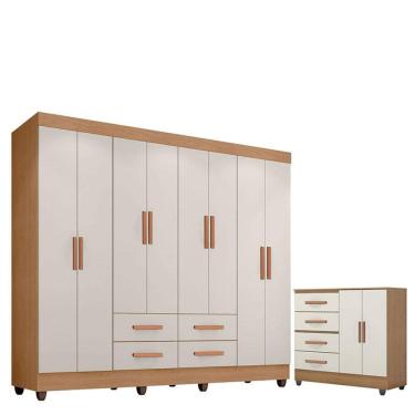 Imagem de Guarda Roupa Casal Porto com Cômoda Lite 4 Gavetas 2 Portas Nature Off White - Móveis Leão