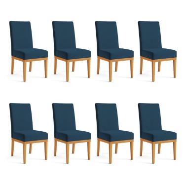 Imagem de Kit 8 Cadeiras De Jantar Brisa Suede Base De Madeira - Pallazio Cor Azul Marinho