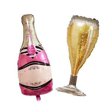 Imagem de Kit de balões, garrafa e copo de champanhe rosa Mylar x2 - Yiweisai