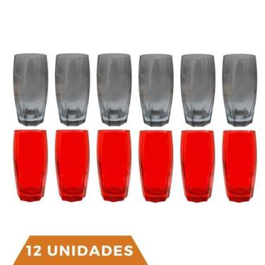Imagem de Kit Copos de Vidro 370ml 6 Vermelho / 6 Cinza Florida - PRATICASA, Cal