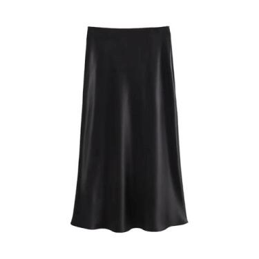 Imagem de Saia Midi De Cetim De Cintura Alta Para Mulheres, Elegante E Longa, Sa