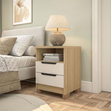 Imagem de Mesa de Cabeceira Barcelona 2 Gavetas 100% Mdf Carvalho/Off White - Politorno