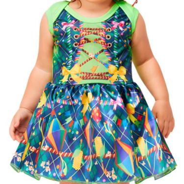 Imagem de Vestido Bebe Festa Junina Menina Azul e Verde com Balões Roupa Caipira