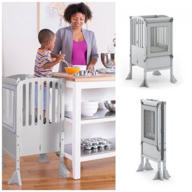 Imagem de Banco auxiliar infantil dobrável Guidecraft Contemporary Kitchen Helper cinza em madeira ajustável para bancada de cozinha