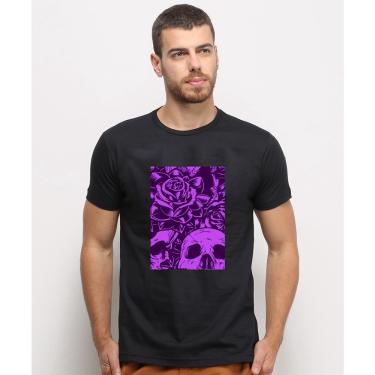 Imagem de Camiseta masculina Preta algodao Esqueleto Floral Flores Roxo Arte
