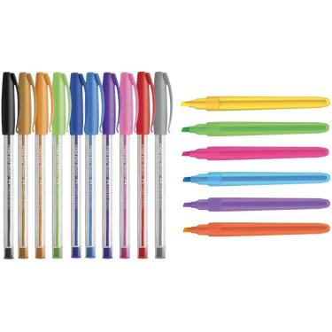 Imagem de Kit de Canetas e Marca-Textos Outras Marcas Trilux com 10 Cores + 6 Neon Lumini Lite 10 Canetas 6 Marca-Textos Roxo