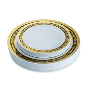Imagem de Conjunto de pratos de plástico Posh Setting Royal Collection, branco, preto e dourado (inclui 20 pratos de jantar de 26 cm e 20 pratos de salada de 18 cm), louça de plástico descartável
