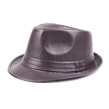 Imagem de Lifup Chapéu Fedora de Couro PU Masculino Feminino Chapéu Trilby de Aba Curta, Marrom, Tamanho �nica