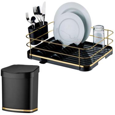 Imagem de Kit Escorredor De Louças Lixeira 2,5L Tampa Pia Cozinha Preto Dourado - Future