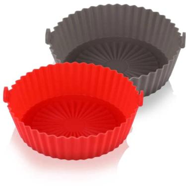 Imagem de Kit 2 Peças Air Fryer Silicone Reutilizável Resistente ao Calor Livre de BPA Forma Redonda de Silicone Assadeira Air Fryer Acessórios Forros de Papel Substituição para Forno Micro-Ondas (Vermelho)