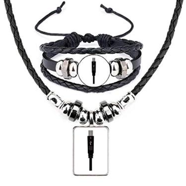 Imagem de Conjunto de joias de pulseira de couro com padrão de plugue USB preto