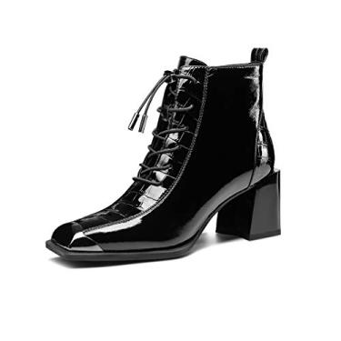Imagem de TinaCus Bota feminina de couro envernizado feita à mão com bico quadrado, salto grosso, zíper lateral no tornozelo com faixa, Preto, 8