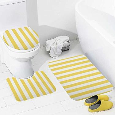 Imagem de Conjunto de tapetes e tapetes de banheiro 3 peças listras verticais amarelo branco, tapete de banheiro lavável antiderrapante, tapete de contorno e tampa para banheiro