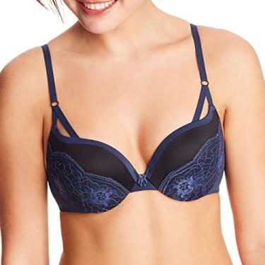 Imagem de Maidenform Sutiã feminino com aro, Love the Lift Suavizante Lace Demi, sutiã push-up para mulheres, Azul marinho/preto, 34C