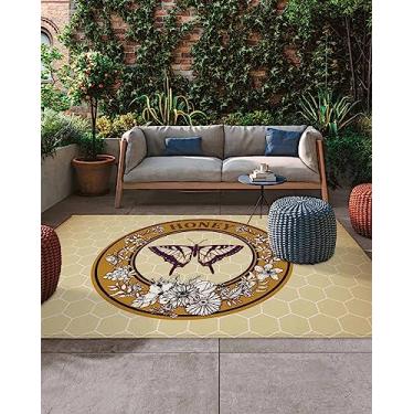 Imagem de Savannan Tapete de área ao ar livre, flor branca mel borboleta favo de mel cáqui absorvente fácil de limpar, tapete antiderrapante para sala de jantar, quintal, deck, pátio 1,5 x 2,4 m