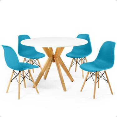 Imagem de Conjunto Mesa de Jantar Redonda Marci Branca 100cm com 4 Cadeiras Eames Eiffel - Turquesa