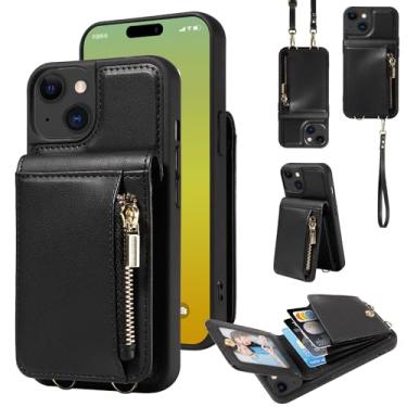 Imagem de Capa carteira para iPhone 15, bolso com zíper liso, 3 compartimentos para cartão, suporte de fivela manual, capa protetora clássica de couro com alça transversal para Apple iPhone 15 (preto)