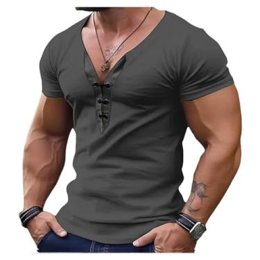 Imagem de Camisetas masculinas de manga curta com cores contrastantes slim fit pulôver gola V casual esportes tops, Cinza, M