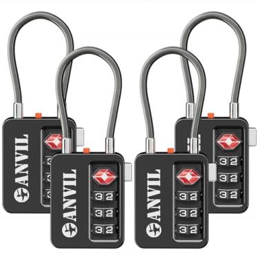 Imagem de ANVIL Cadeados TSA para bagagem com alerta de pesquisa: fechaduras de combinação de cabos duráveis, aprovado pela TSA - fechaduras de viagem seguras para malas, mochilas e estojos de armas (4, preto)