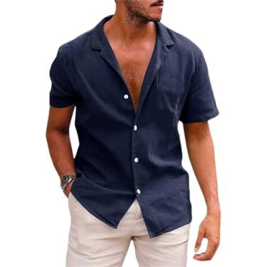 Imagem de Camiseta masculina de manga curta primavera verão lisa casual algodão linho camiseta casual para festa na praia, Azul marinho, P