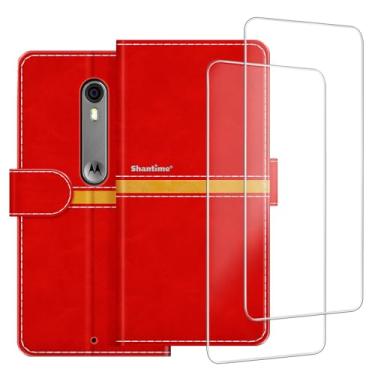 Imagem de ESACMOT Capa de celular compatível com Motorola Moto X Style + [pacote com 2] película protetora de tela, capa protetora magnética de couro premium para Motorola Moto X Pure (5,7 polegadas) vermelha
