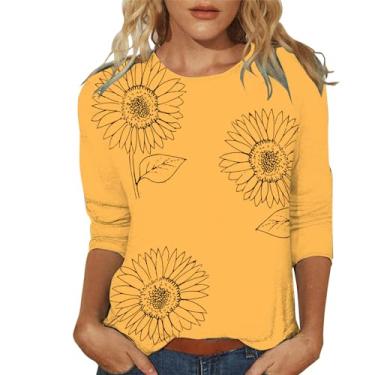 Imagem de Camiseta feminina com estampa de girassol, manga 3/4, gola redonda, casual, solta, floral, túnica básica para férias, Laranja, M