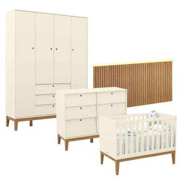 Imagem de Quarto de Bebê Unique 4 Portas com Cômoda 6 Gavetas e Painel Ripado com Led Off White Eco Wood - Matic