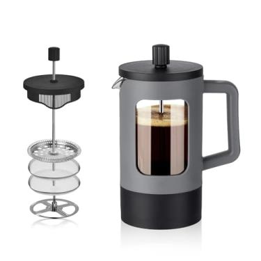 Imagem de YOLIFE Cafeteira French Press (340 g), mini prensa de café para acampamento, prensa francesa de xícara única, vidro borossilicato resistente ao calor, portátil para viagens, cinza e preto